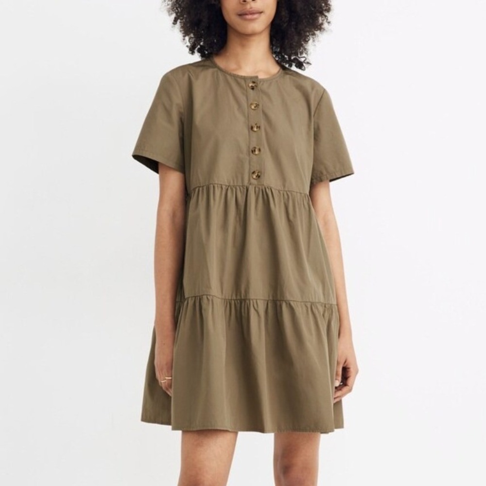 Madewell Button-Front Short-Sleeve Tiered Mini Dress Small Green Poplin Boho